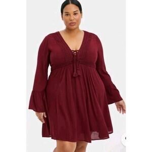 Torrid Mini Gauze Lace Up Burgundy Red Skater Dress Boho Fall Tassels Size 4 26